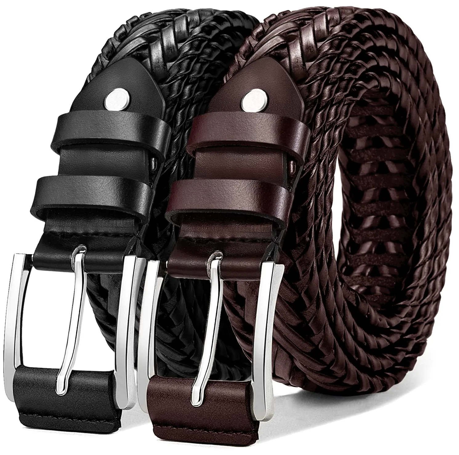 KEMISANT Braided Leather Belt 2-Pack in Black / Wine Red, 2-pack