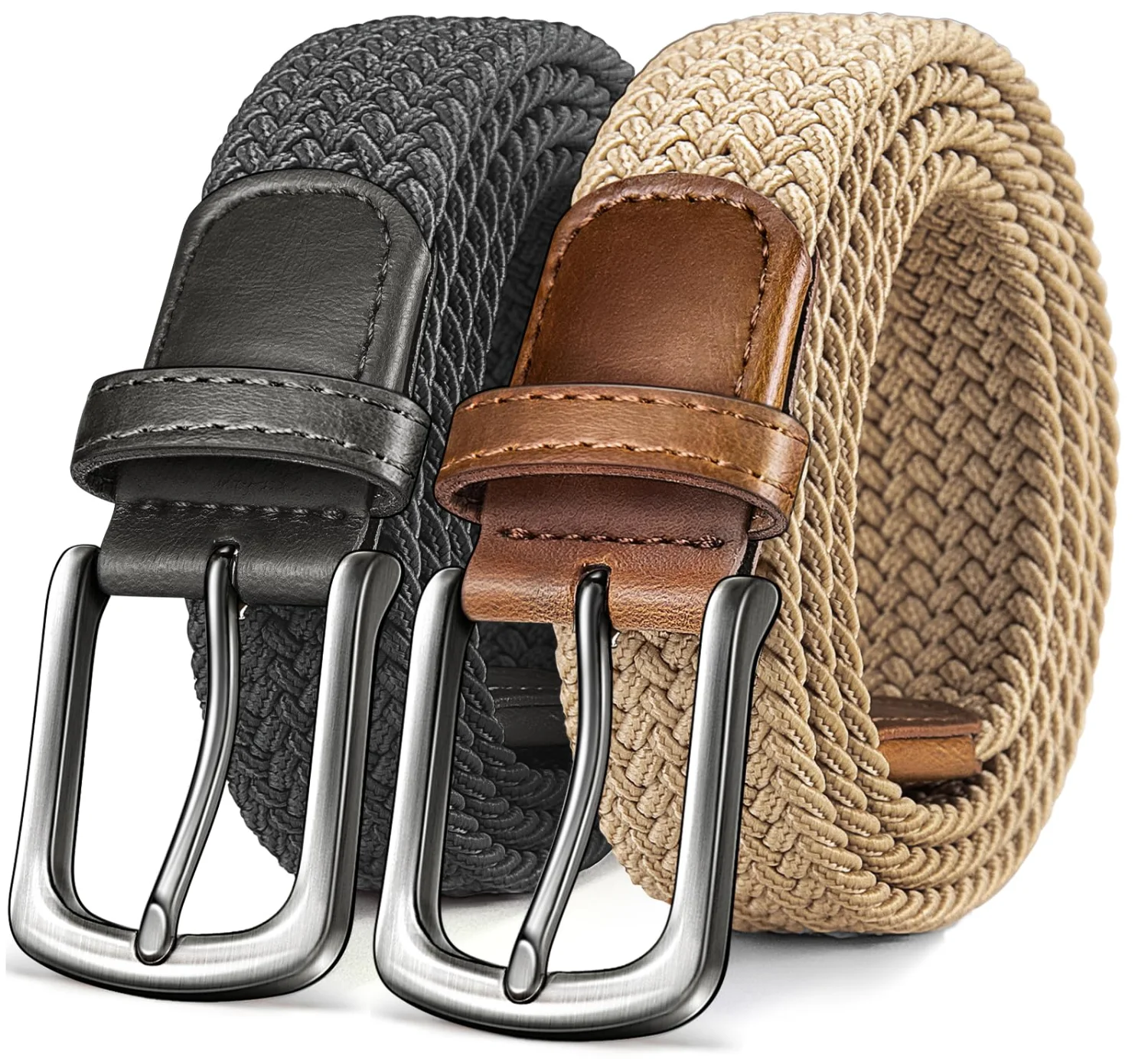 KEMISANT Braided Stretch Golf Belt Multi-Pack in Beige / Dark Gray, 2-pack