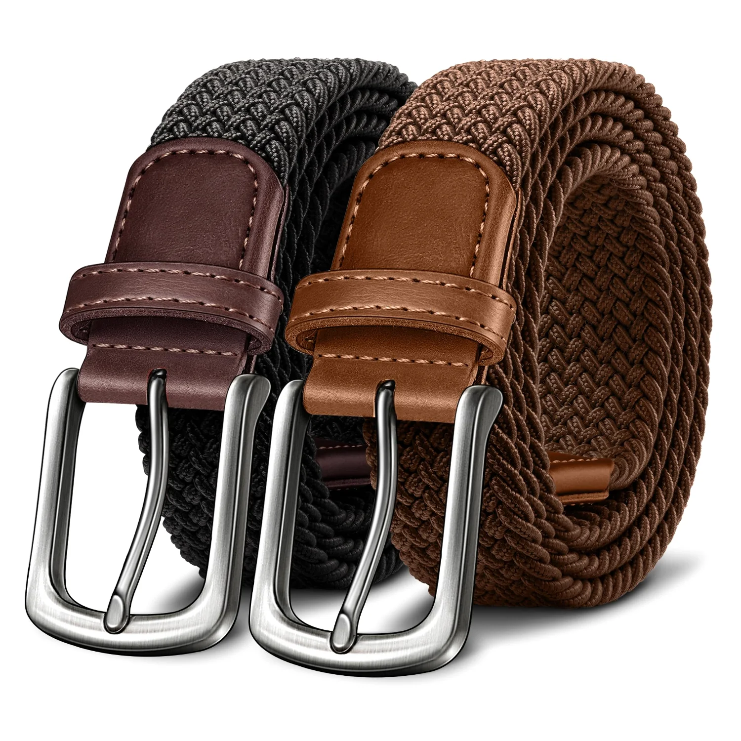 KEMISANT Braided Stretch Golf Belt Multi-Pack in Black / Light Brown, 2-pack