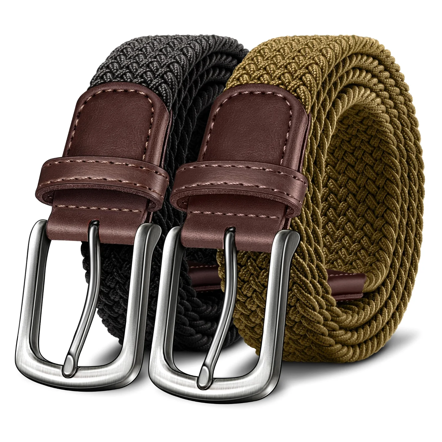 KEMISANT Braided Stretch Golf Belt Multi-Pack in Black / Wood Thrush, 2-pack