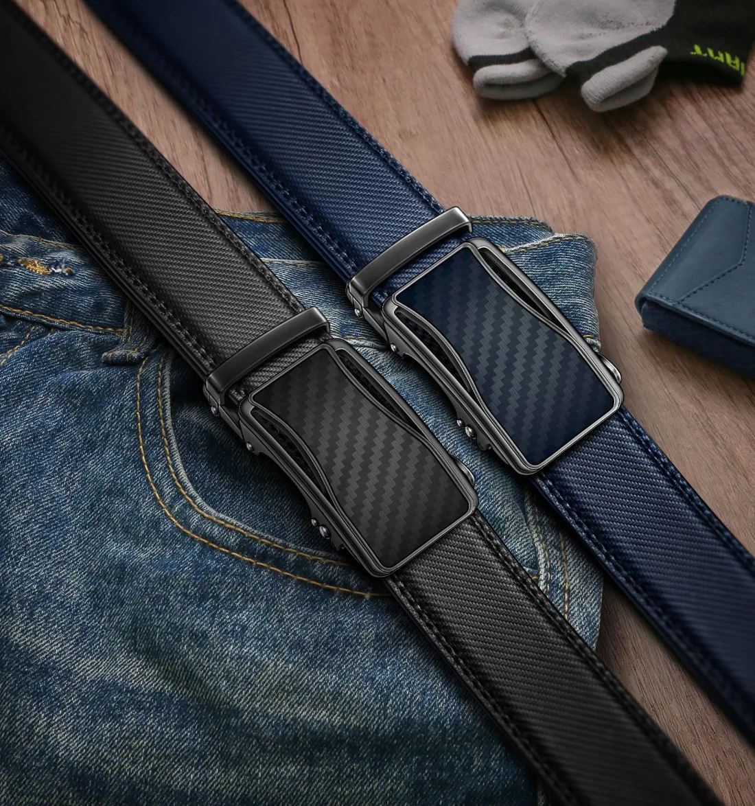 KEMISANT Classic Ratchet Leather Belt 2-Pack in Black / Blue, 2-pack, view 2