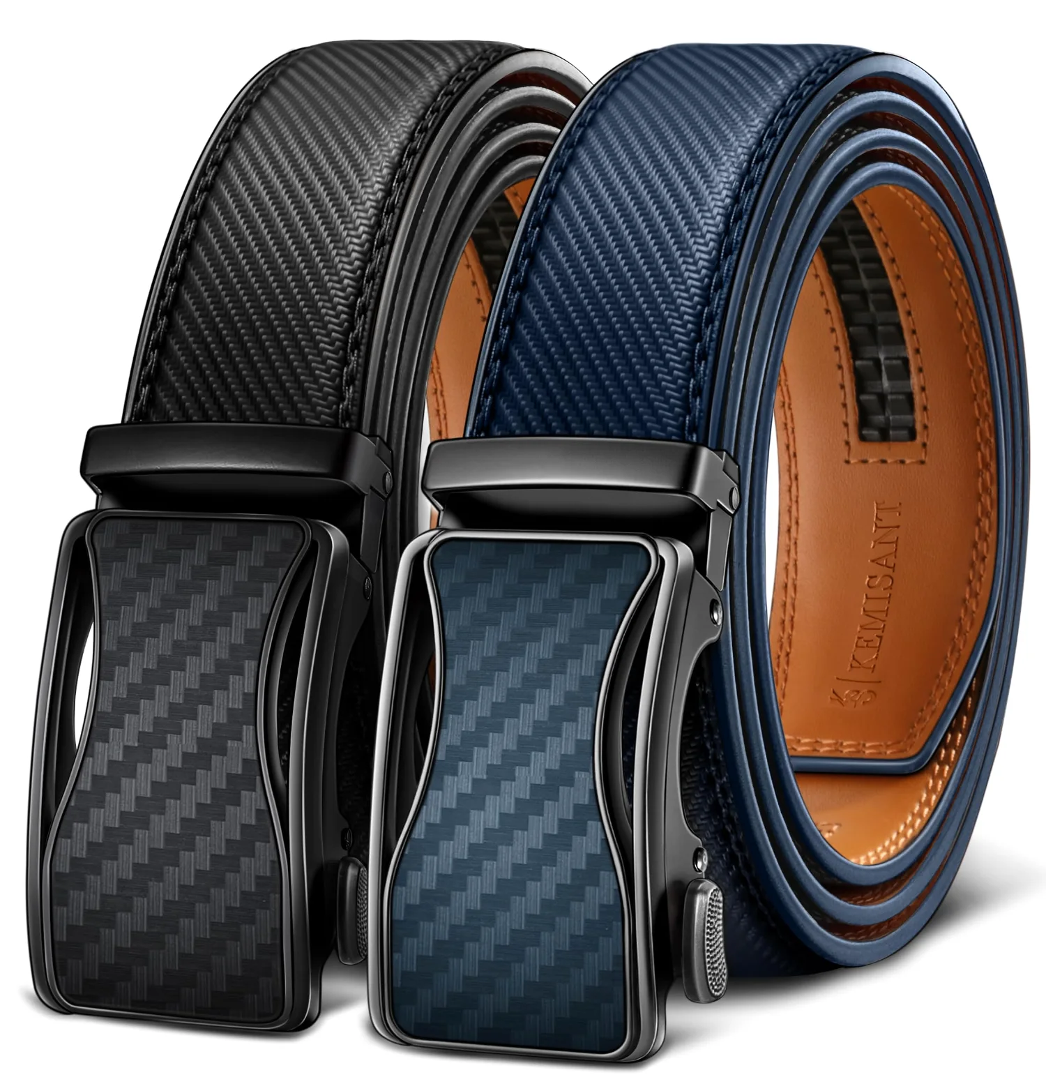 KEMISANT Classic Ratchet Leather Belt 2-Pack in Black / Blue, 2-pack