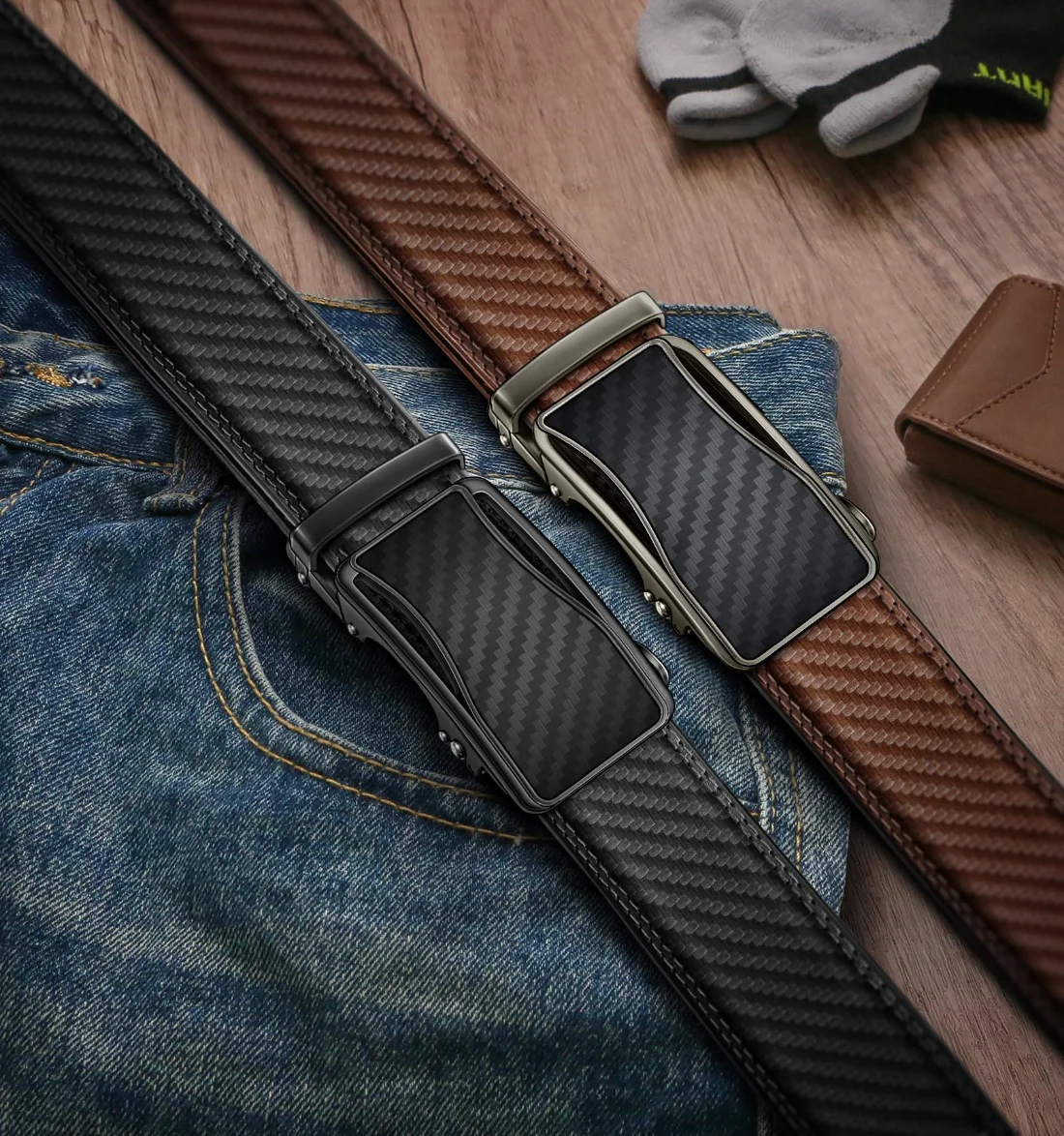 KEMISANT Classic Ratchet Leather Belt 2-Pack in Black / Tawny, 2-pack, view 2