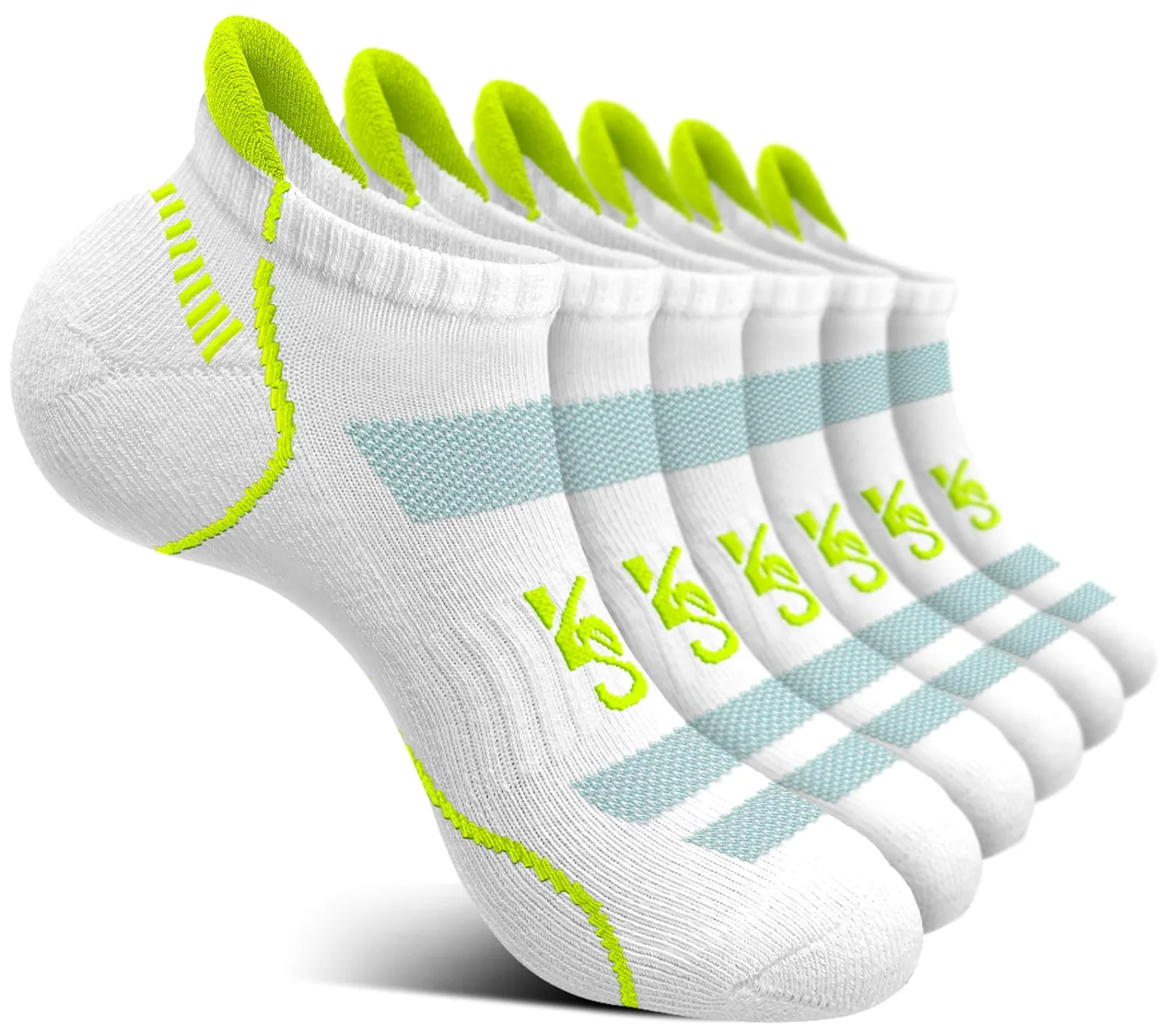 KEMISANT Cushioned Running Ankle Socks in White / Midgetgolf Green, 6-pack