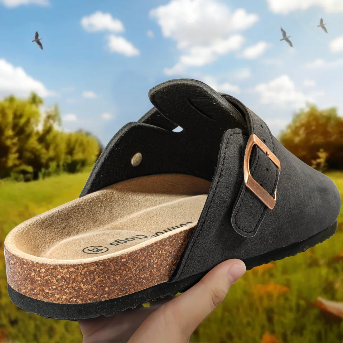 KEMISANT Fleece Lined Cork Footbed Clogs in Black, view 2