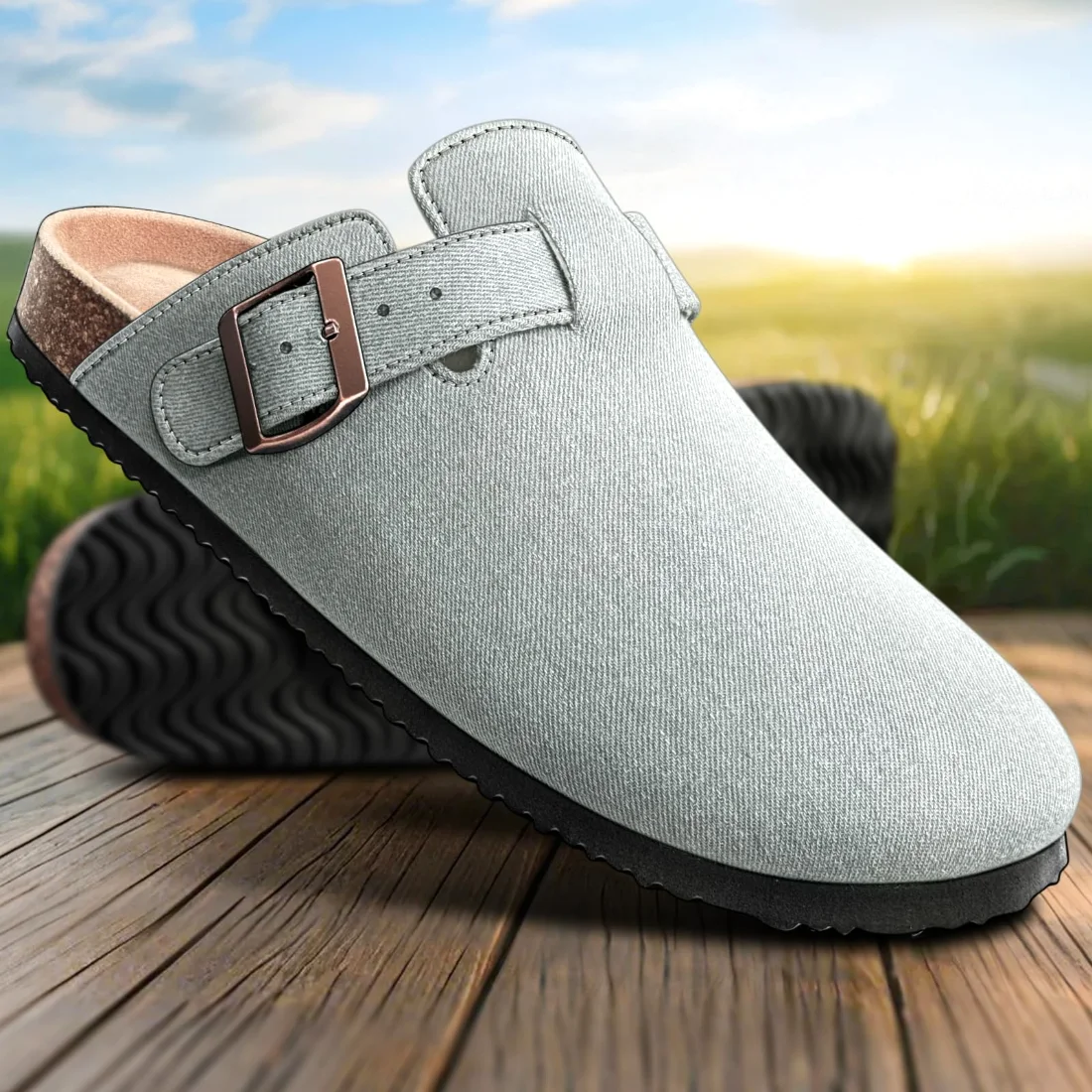 KEMISANT Fleece Lined Cork Footbed Clogs in Cambridge Blue, view 3