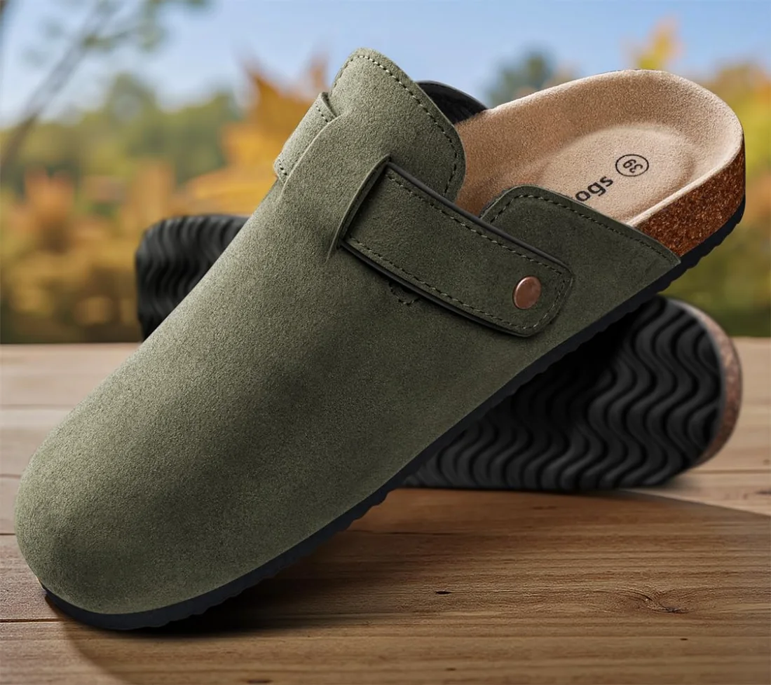 KEMISANT Fleece Lined Cork Footbed Clogs in Olive, view 3