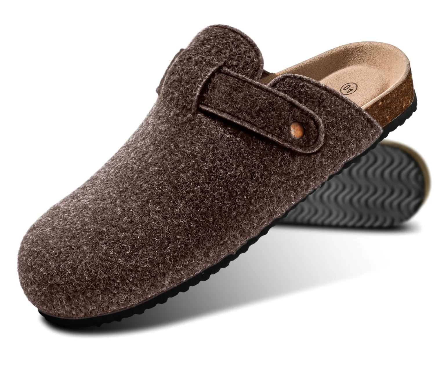KEMISANT Fleece Lined Cork Footbed Mules in Deep Brown
