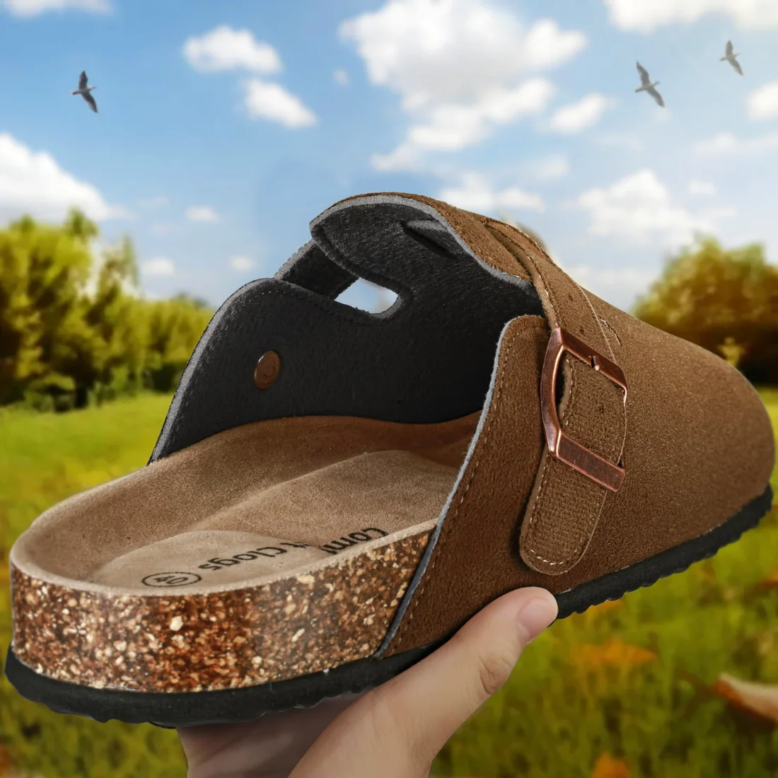 KEMISANT Fleece Lined Cork Footbed Mules in Rubber Brown, view 2