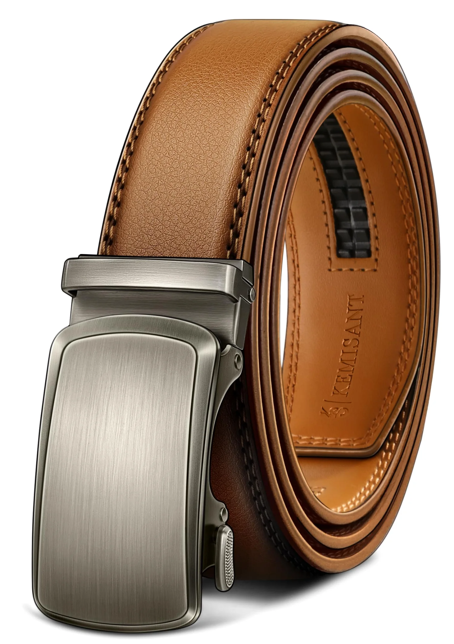 KEMISANT Lever Buckle Ratchet Leather Belt in Orange Brown