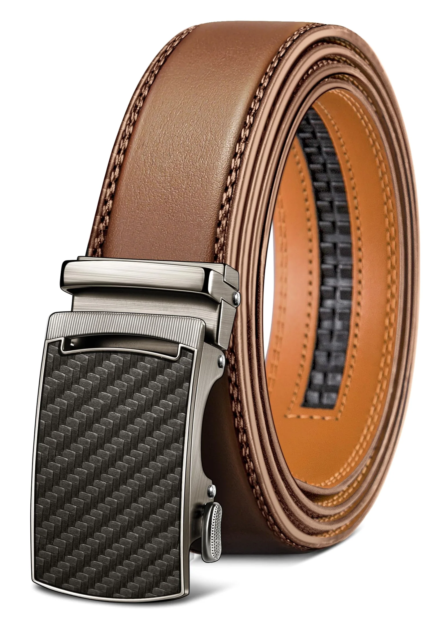 KEMISANT Lever Buckle Ratchet Leather Belt in Tawny