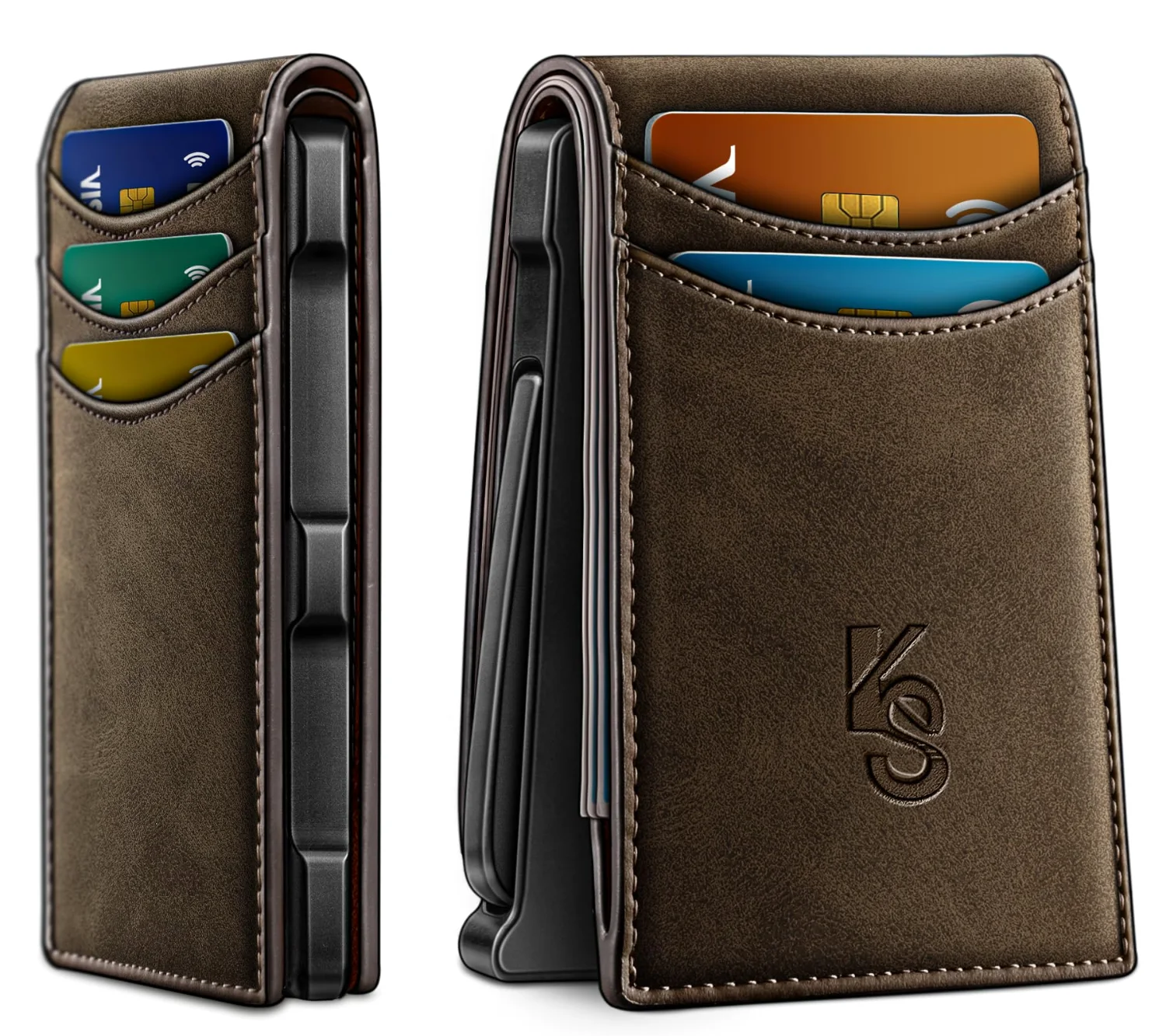 KEMISANT Magnetic Billfold Card Case in Coffee, Leather