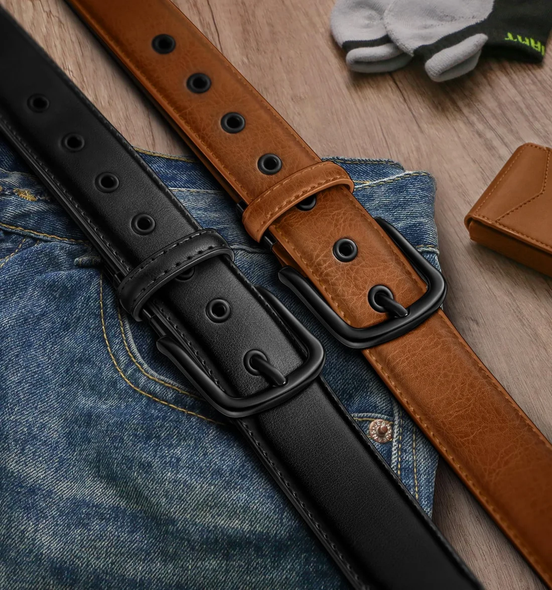 KEMISANT Metal Hole Leather Belt 2-Pack in Black / Orange Brown, 2-pack, view 2