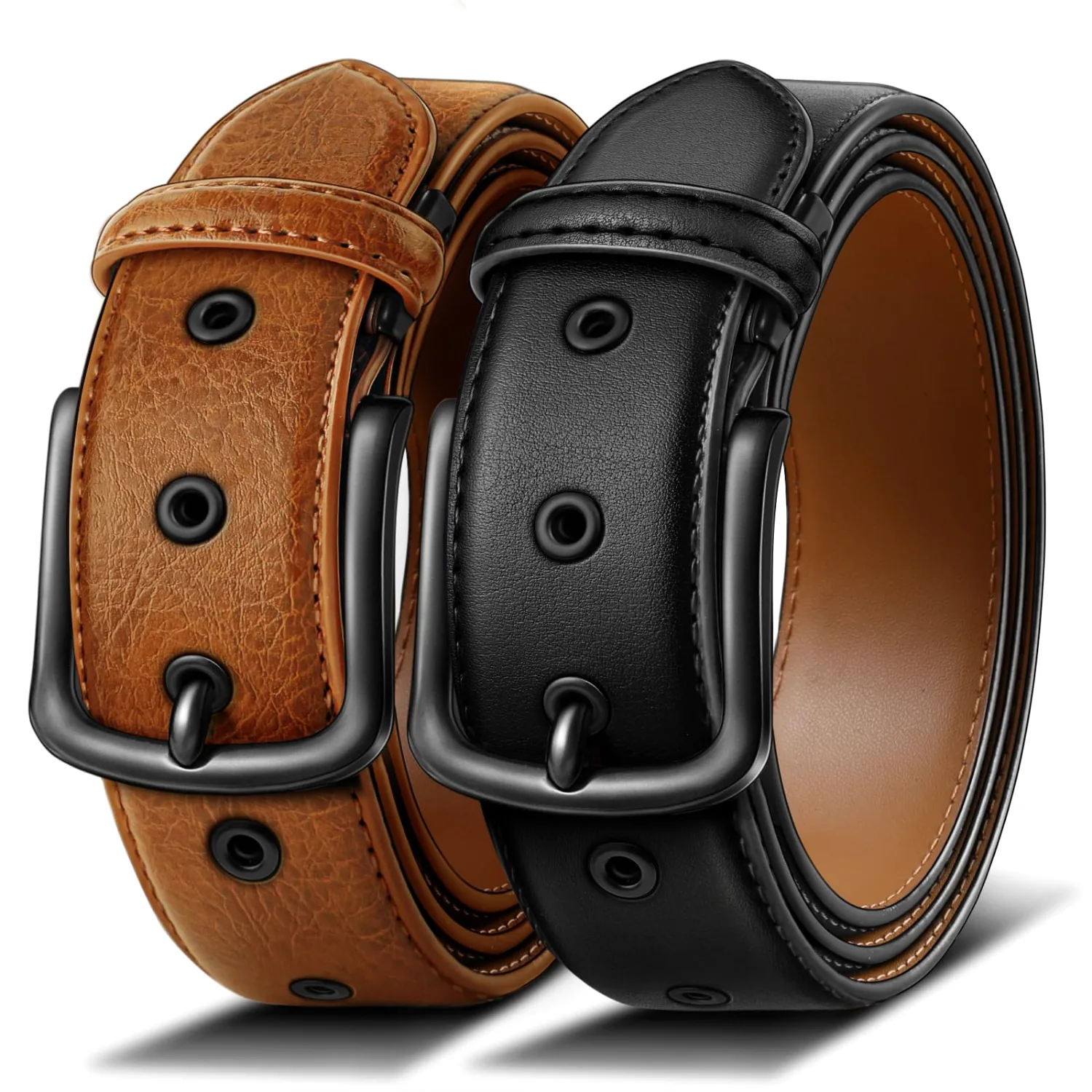 KEMISANT Metal Hole Leather Belt 2-Pack in Black / Orange Brown, 2-pack