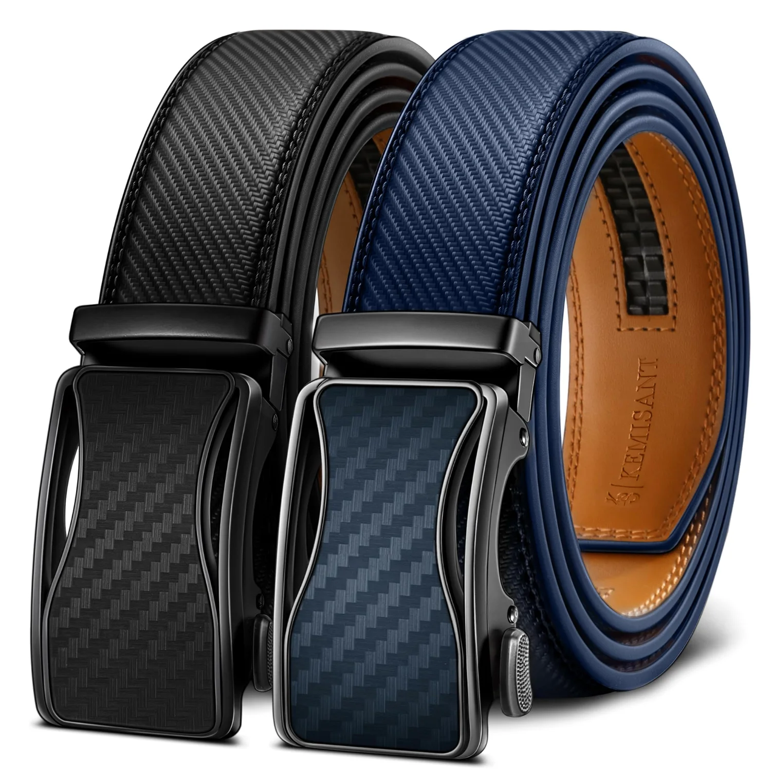 KEMISANT Ratchet Leather Belt 2-Pack in Black / Blue, 2-pack