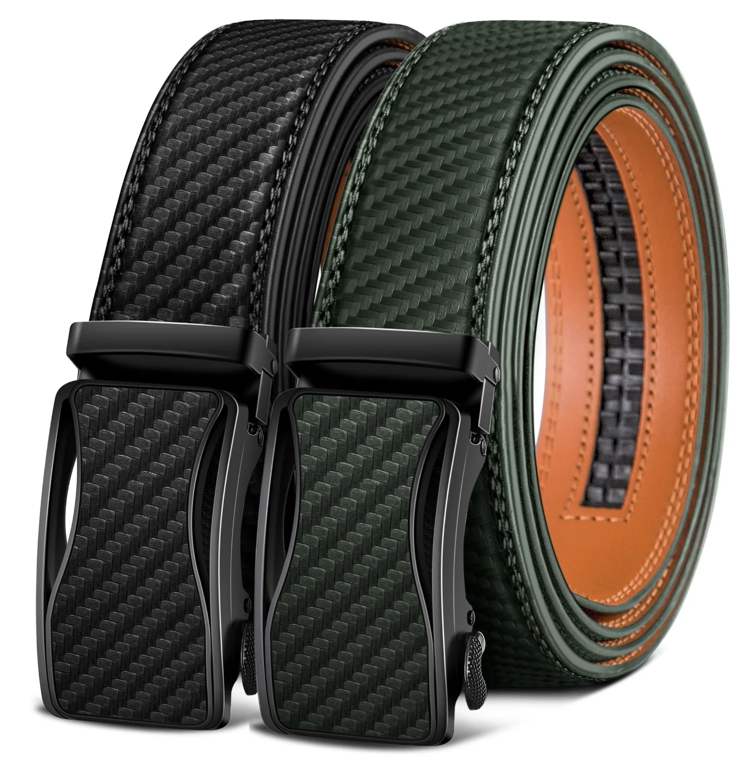 KEMISANT Ratchet Leather Belt 2-Pack in Black / Dark Green, 2-pack