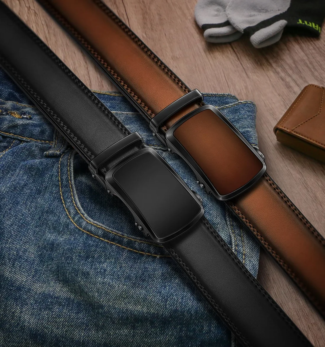 KEMISANT Ratchet Leather Belt 2-Pack in Black / Light Brown, 2-pack, view 2