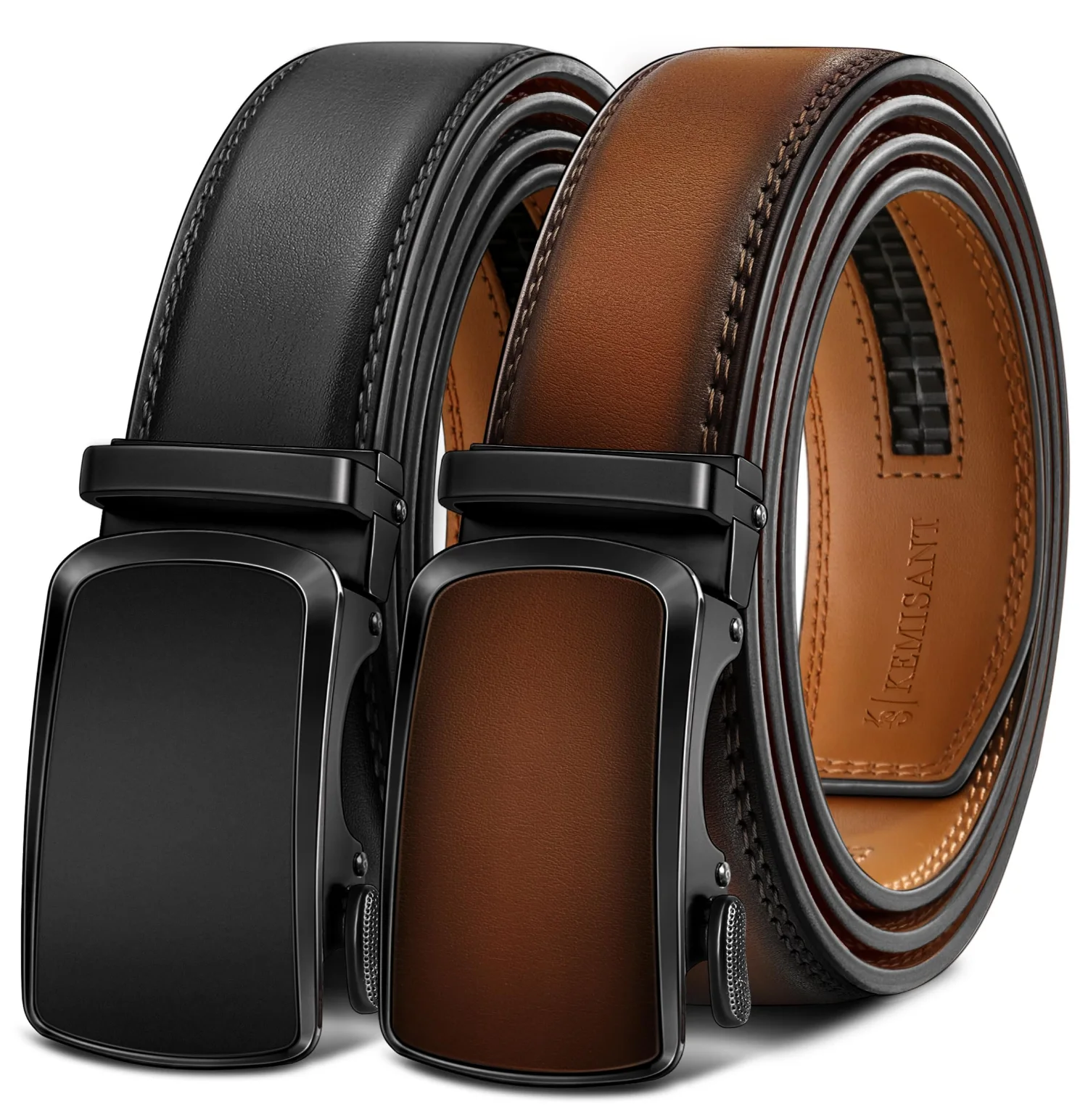 KEMISANT Ratchet Leather Belt 2-Pack in Black / Light Brown, 2-pack