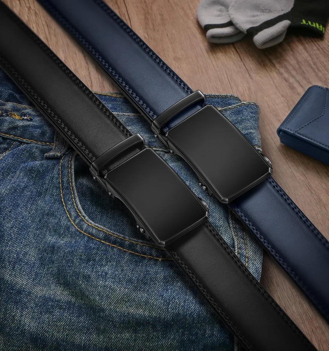 KEMISANT Ratchet Leather Belt 2-Pack in Black / Purplish Blue, 2-pack, view 2
