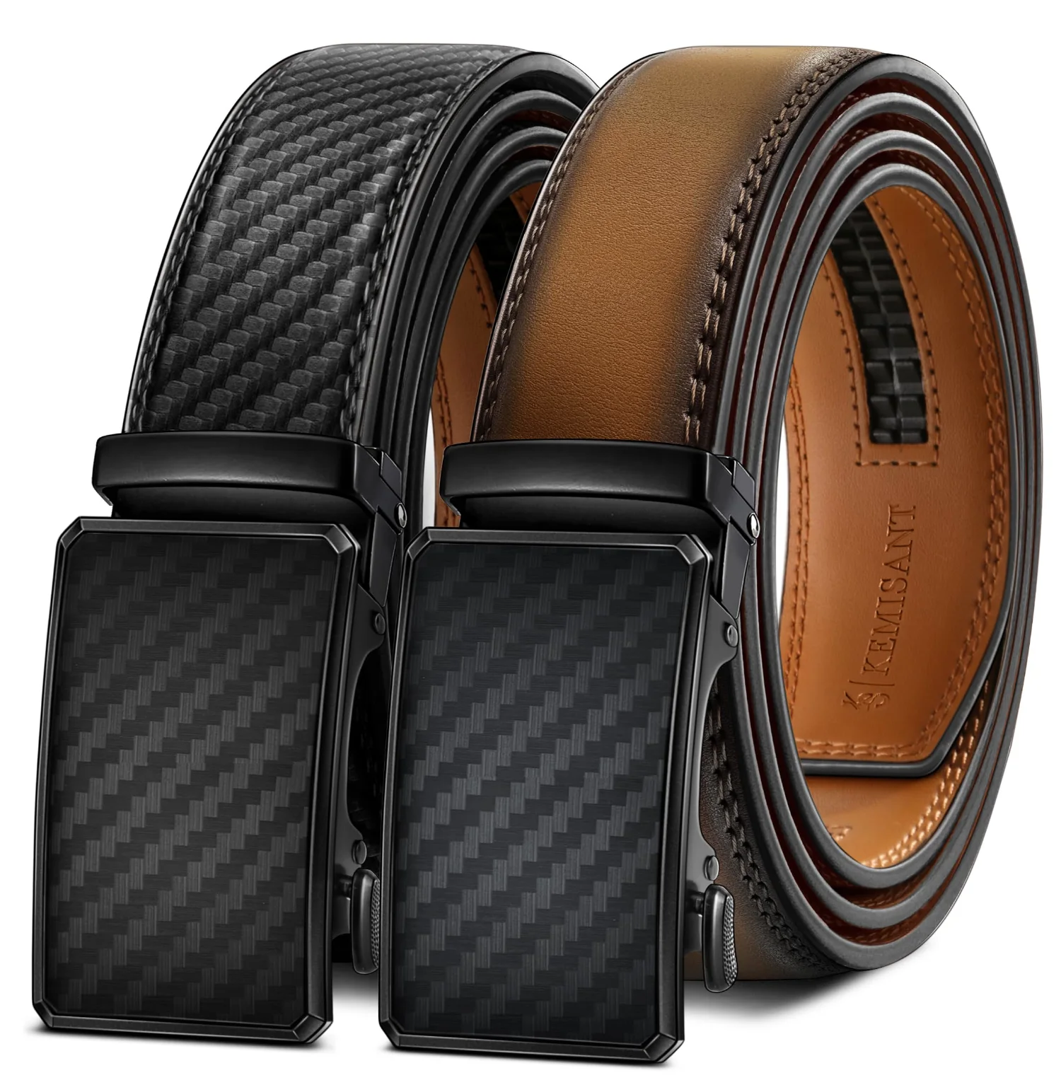 KEMISANT Ratchet Leather Belt 2-Pack in Black / Tawny, 2-pack