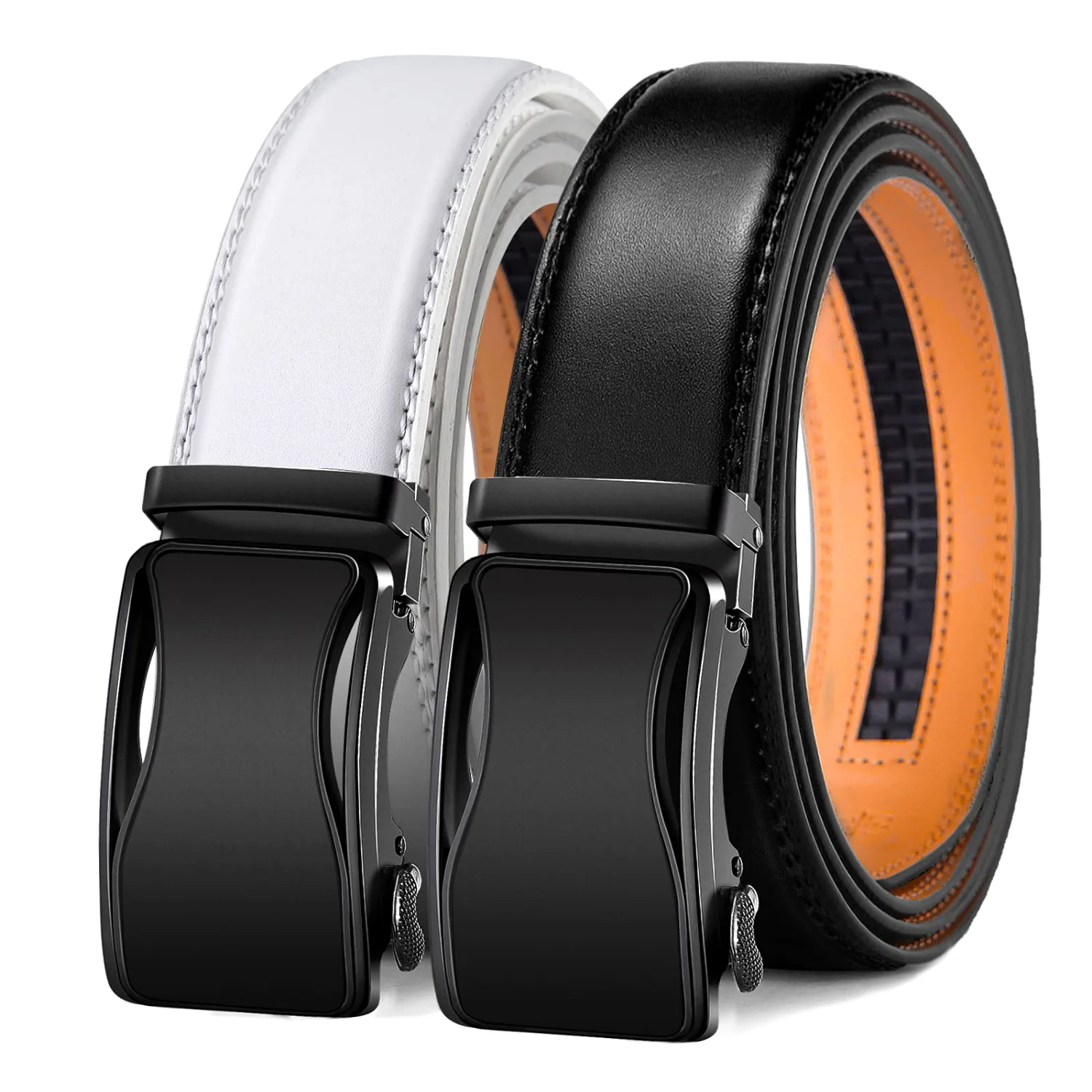 KEMISANT Ratchet Leather Belt 2-Pack in Black / White, 2-pack
