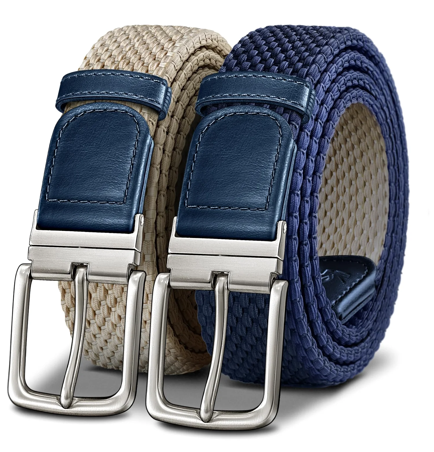 KEMISANT Reversible Braided Stretch Belt in Antique Blue / Beige