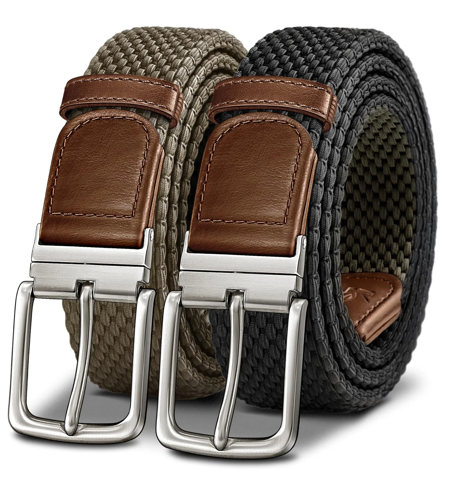 KEMISANT Reversible Braided Stretch Belt in Black / Khaki