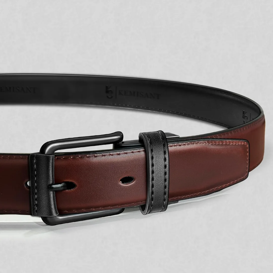 KEMISANT Reversible Leather Dress Belt in Black / Retro Red Brown, view 2