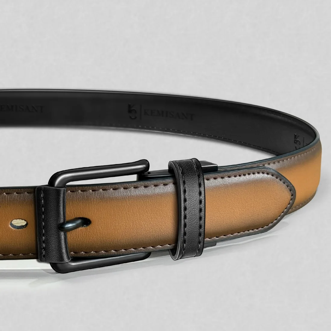 KEMISANT Reversible Leather Dress Belt in Black / Tawny, view 2