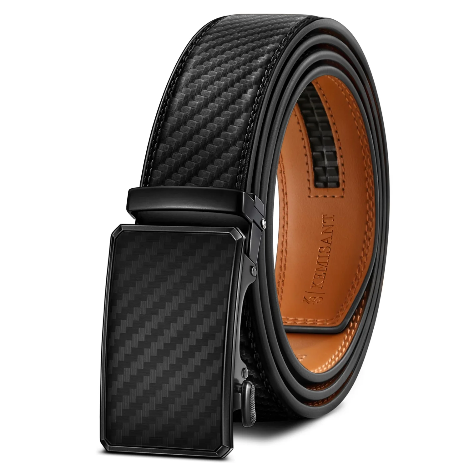 KEMISANT Side Button Ratchet Leather Belt in Black