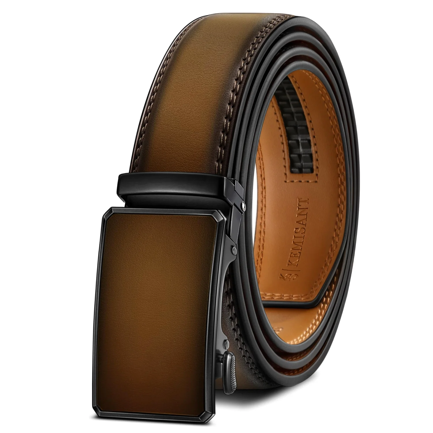 KEMISANT Side Button Ratchet Leather Belt in Tawny