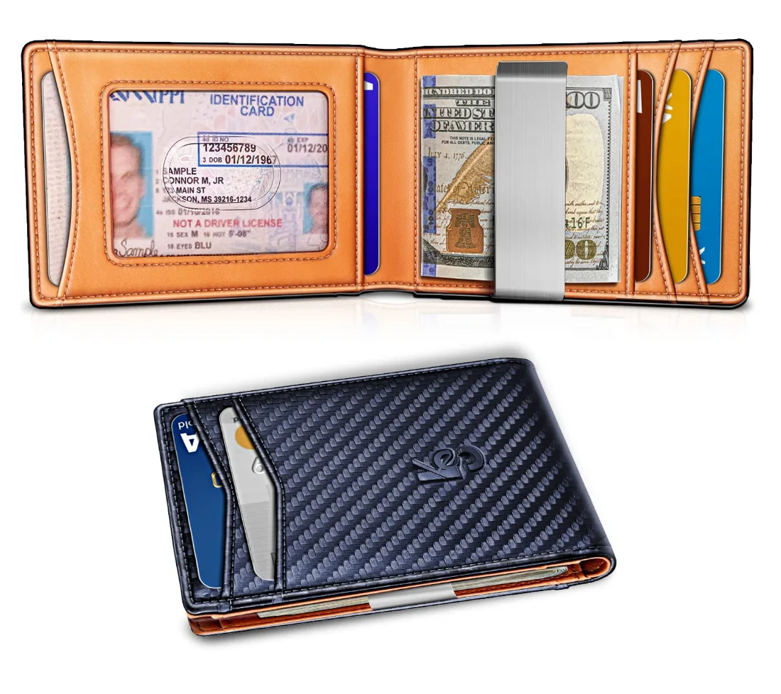 KEMISANT Slim Leather Money Clip Wallet in Blue, Carbon fiber leather, view 2