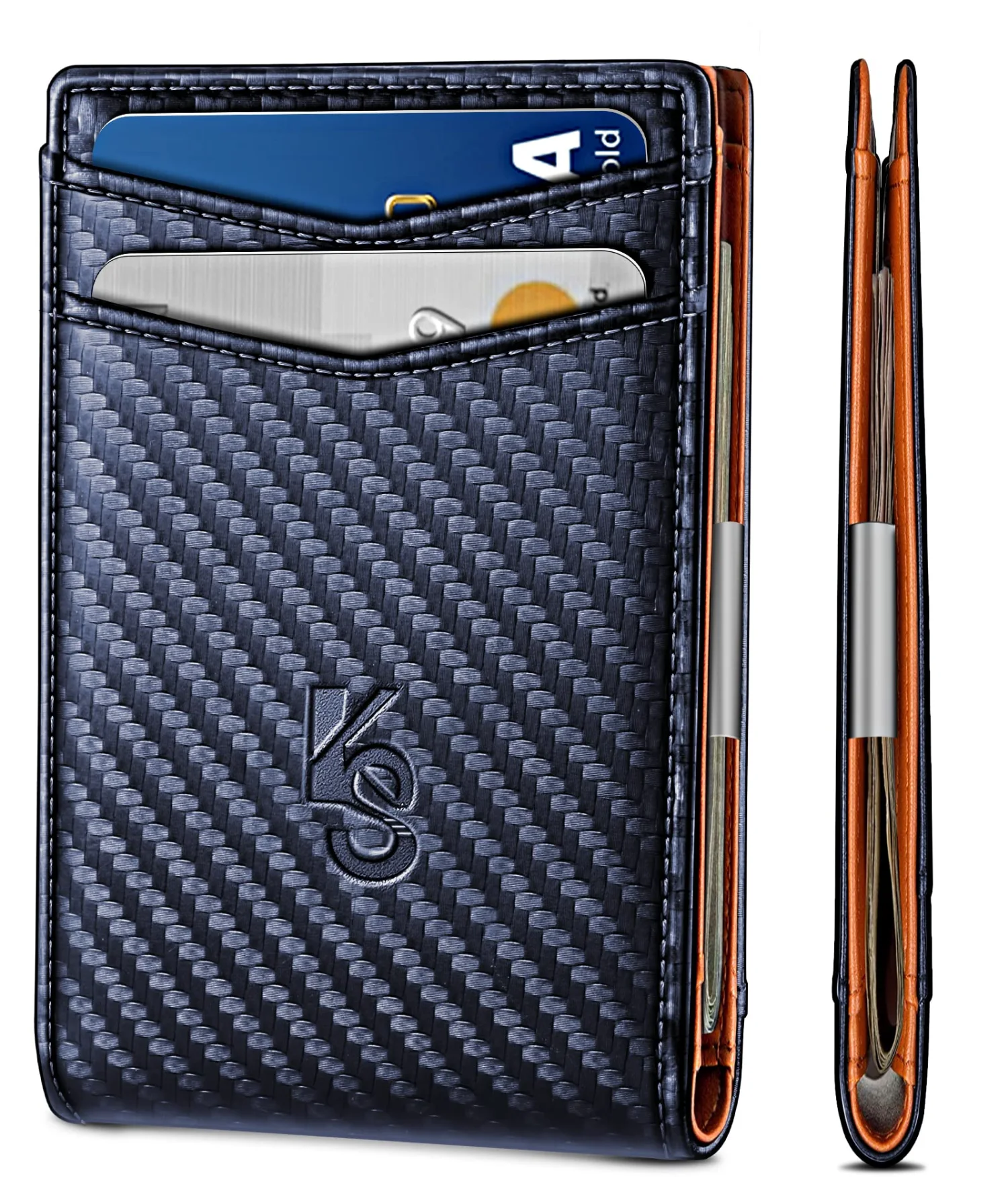 KEMISANT Slim Leather Money Clip Wallet in Blue, Carbon fiber leather