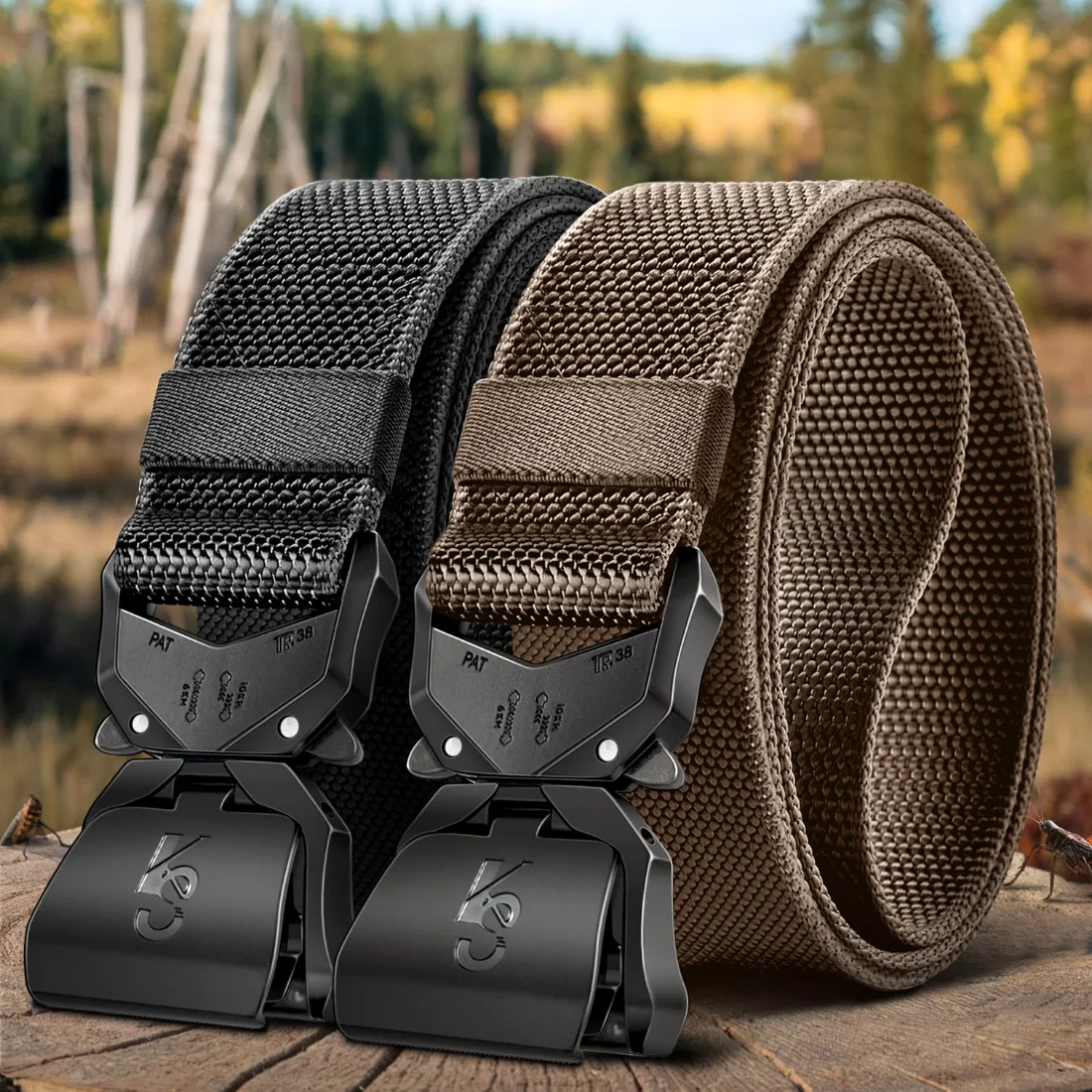 KEMISANT Two Button Stretch Rigger Belt 2-Pack in Black / Light Brown, 2-pack, view 2