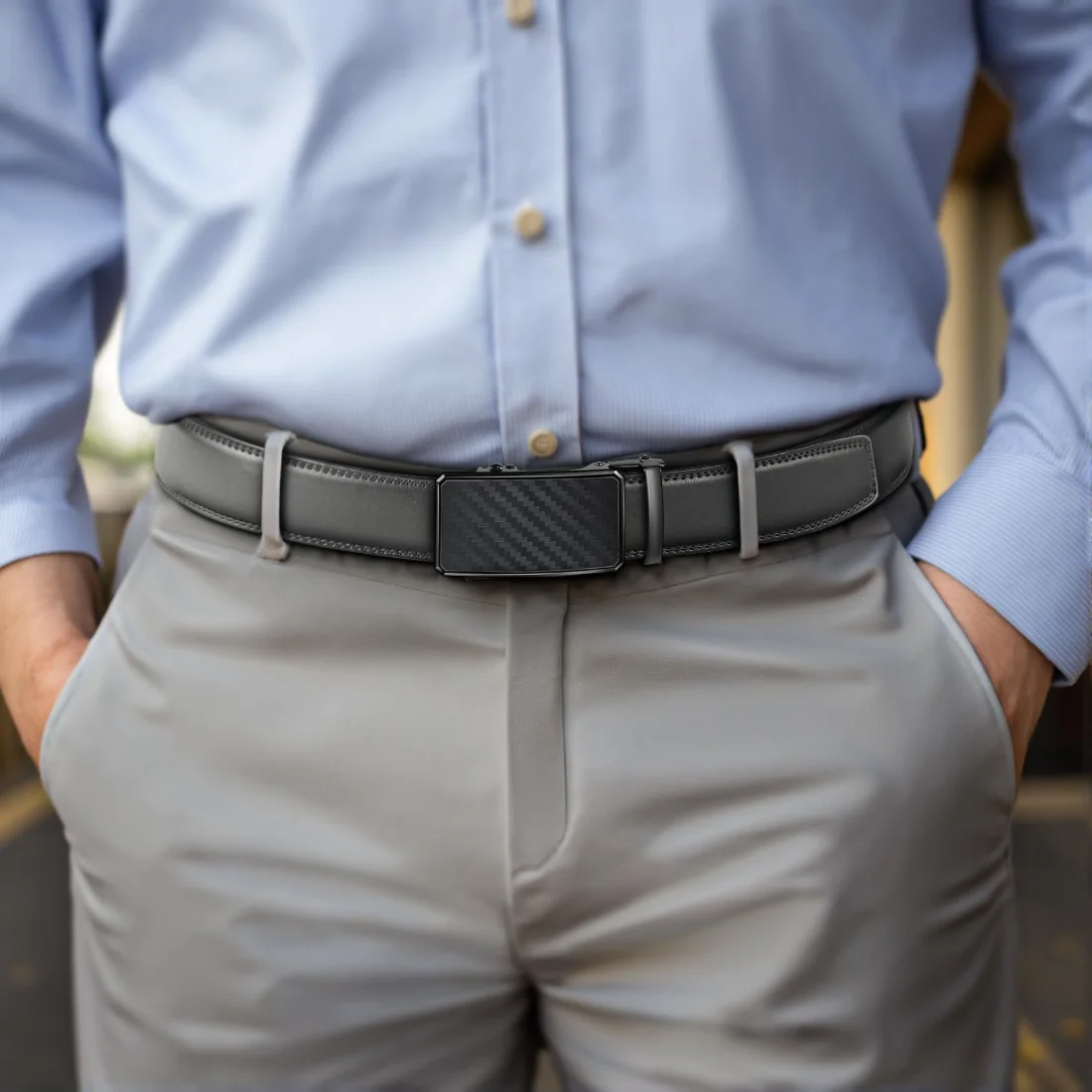 KEMISANT Two-Tone Buckle Ratchet Leather Belt in Dark Gray, view 2