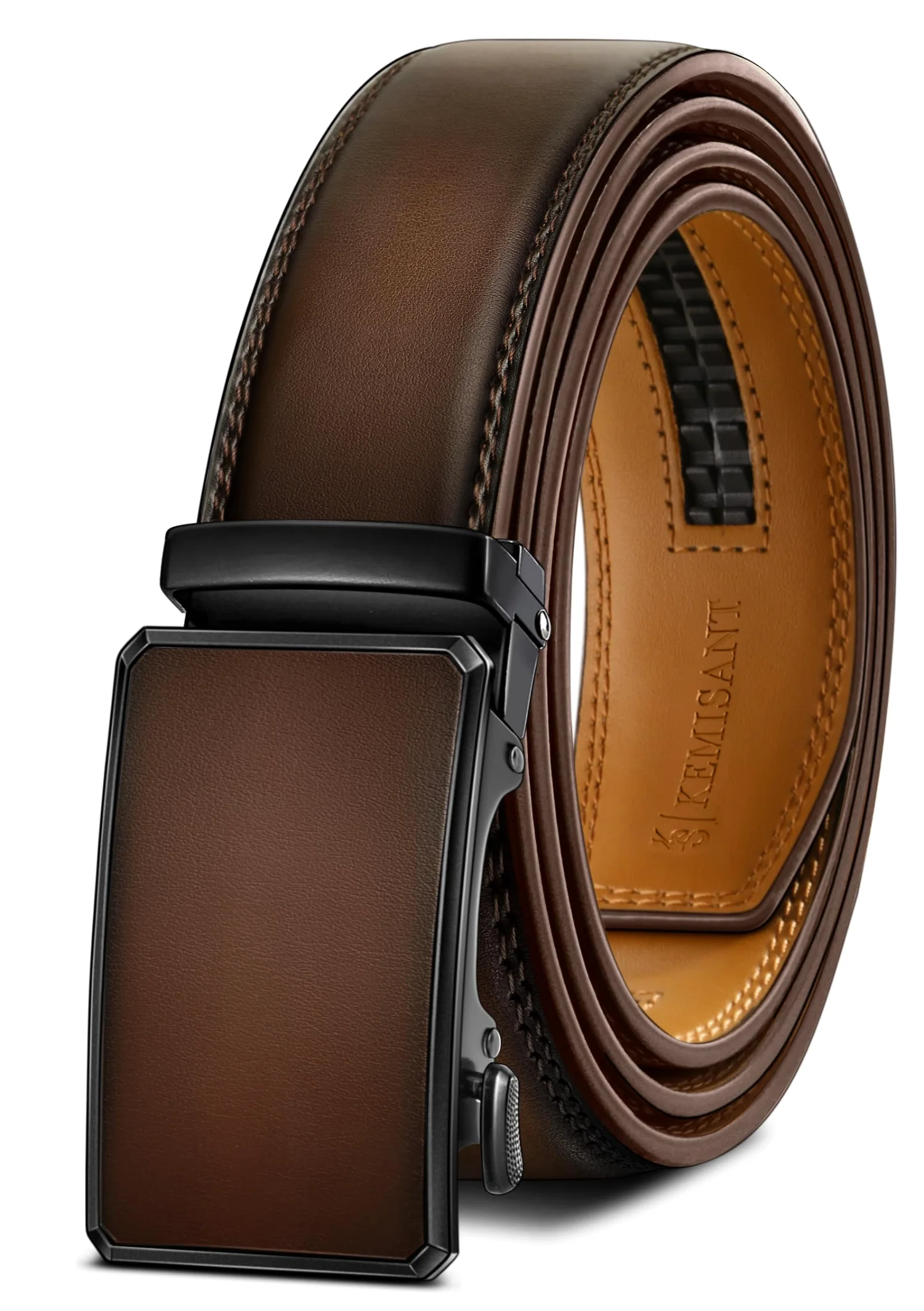 KEMISANT Two-Tone Buckle Ratchet Leather Belt in Deep Brown