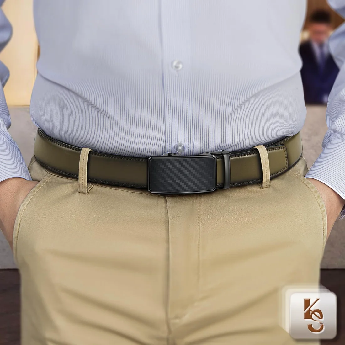KEMISANT Two-Tone Buckle Ratchet Leather Belt in Elmwood, view 2