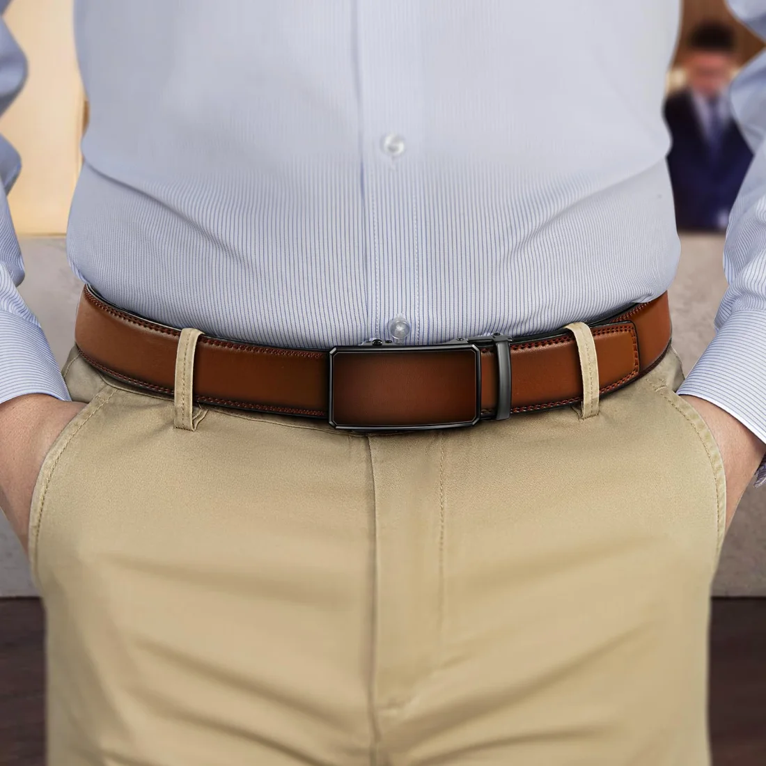 KEMISANT Two-Tone Buckle Ratchet Leather Belt in Light Brown, view 2