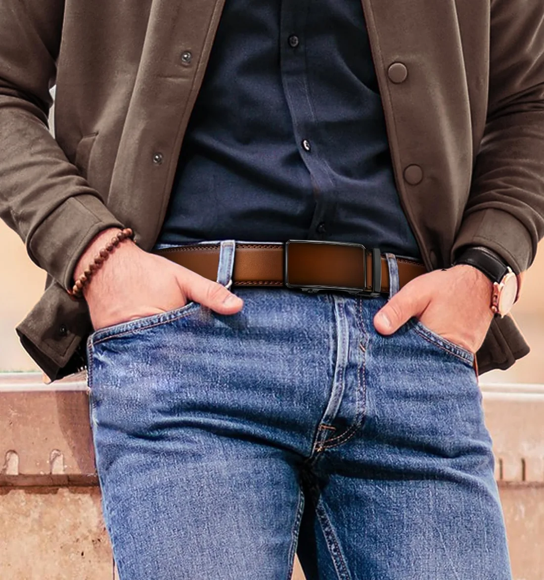 KEMISANT Two-Tone Buckle Ratchet Leather Belt in Light Brown, view 3