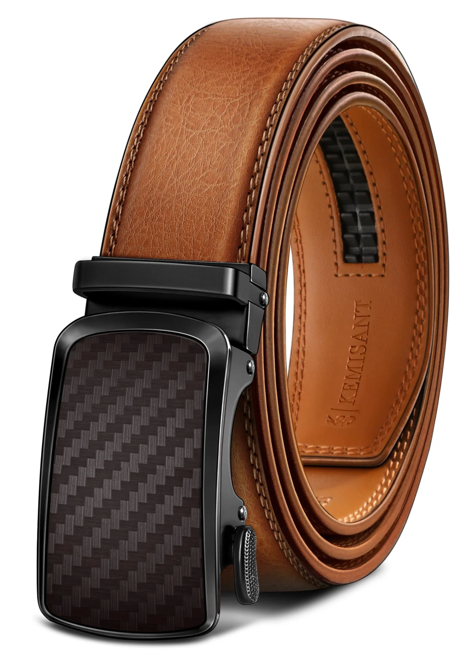 KEMISANT Two-Tone Buckle Ratchet Leather Belt in Orange Brown