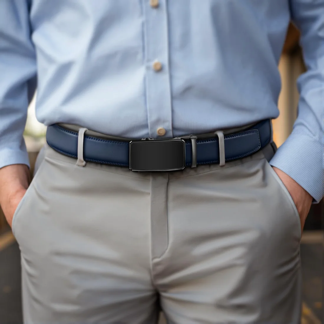 KEMISANT Two-Tone Buckle Ratchet Leather Belt in Purplish Blue, view 2