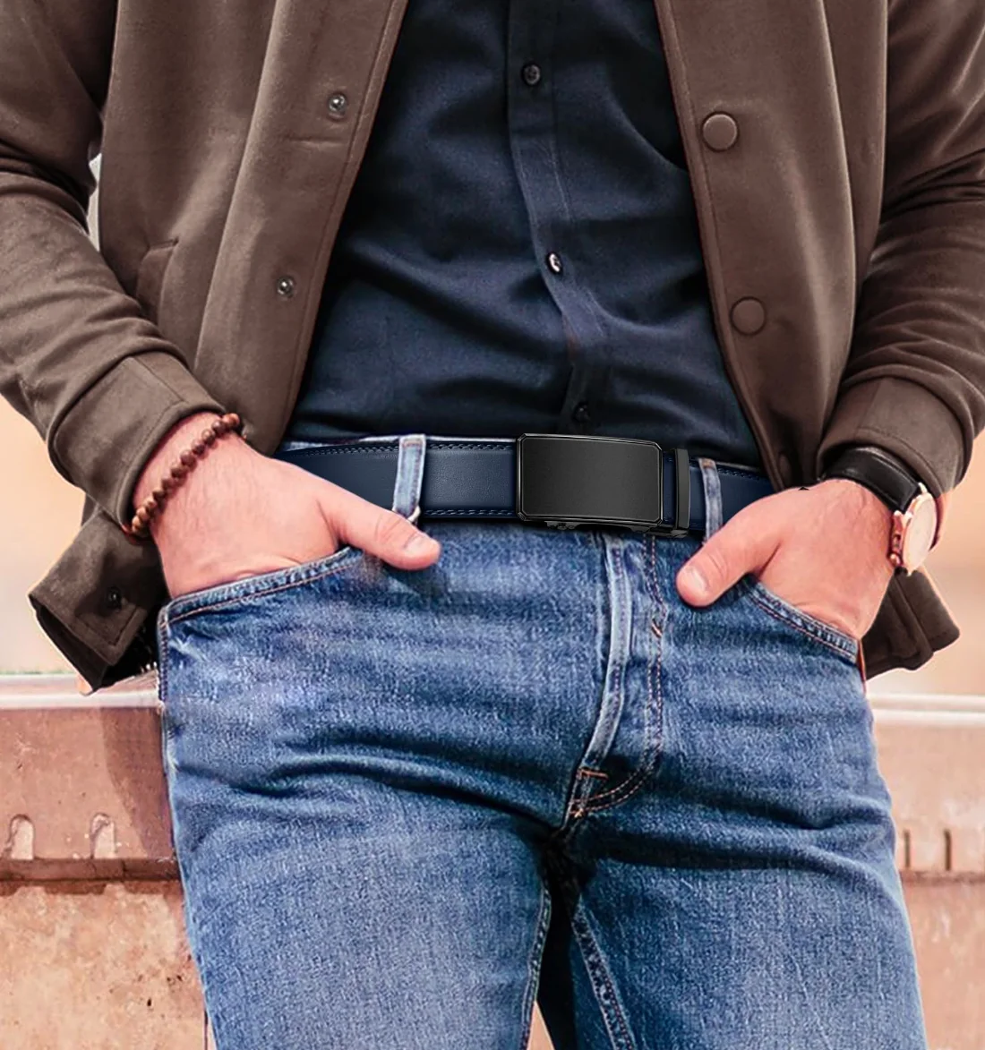 KEMISANT Two-Tone Buckle Ratchet Leather Belt in Purplish Blue, view 3