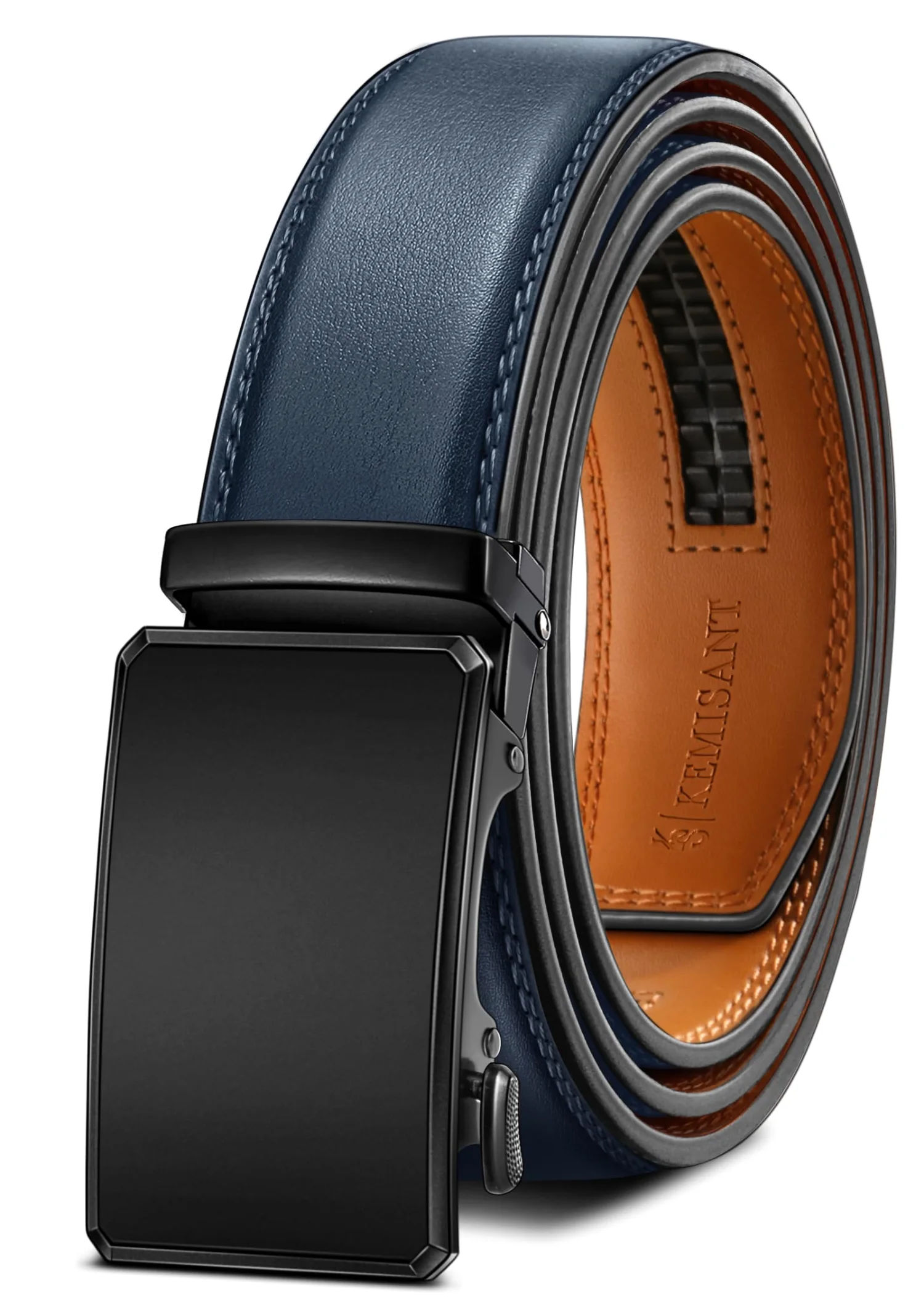 KEMISANT Two-Tone Buckle Ratchet Leather Belt in Purplish Blue