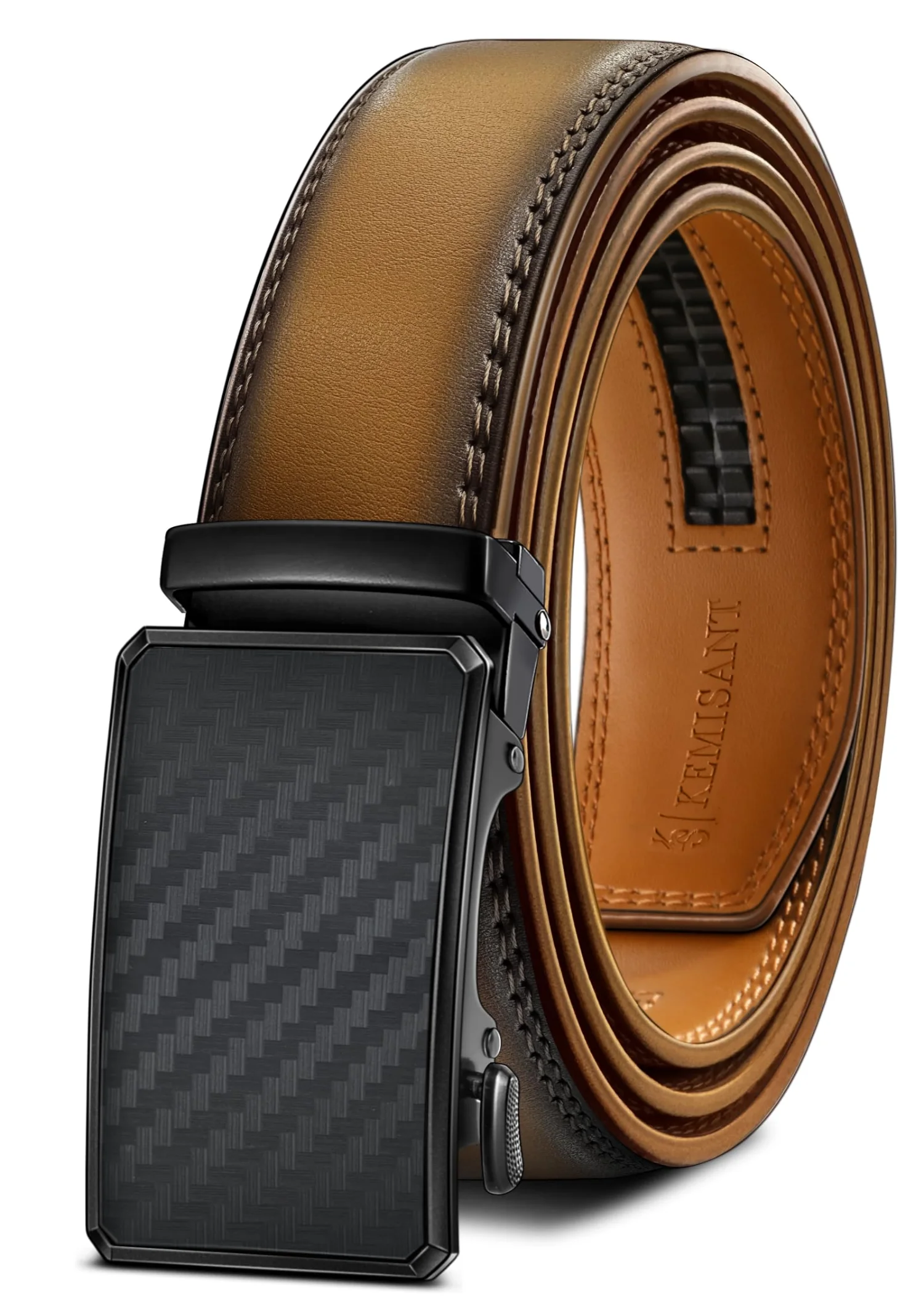 KEMISANT Two-Tone Buckle Ratchet Leather Belt in Tawny