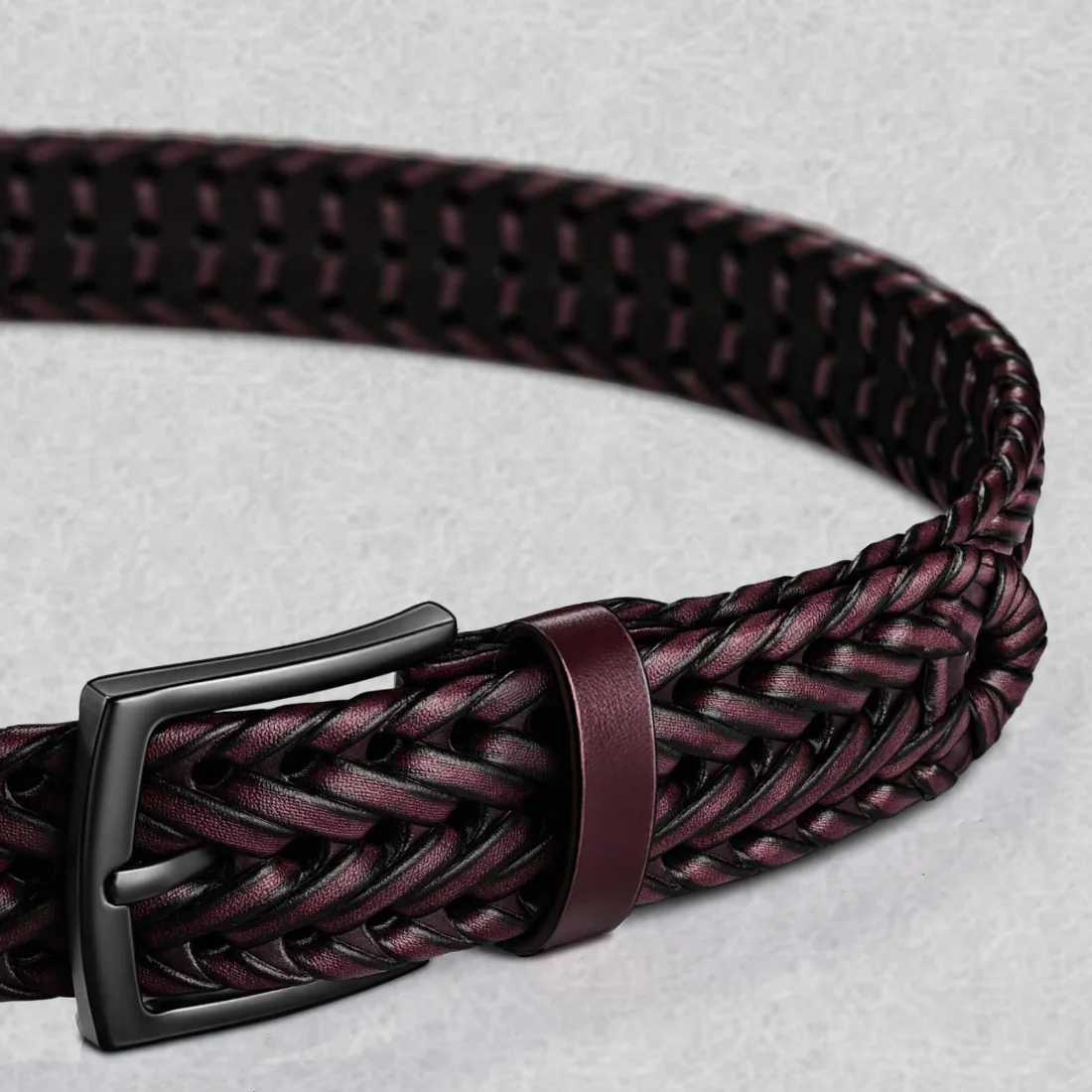 KEMISANT Woven Holeless Golf Belt in Burgundy, view 2