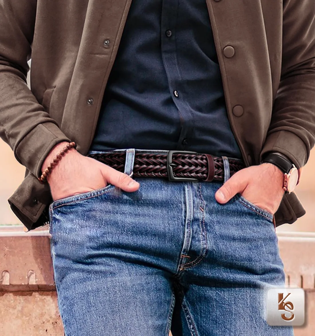 KEMISANT Woven Holeless Golf Belt in Burgundy, view 4
