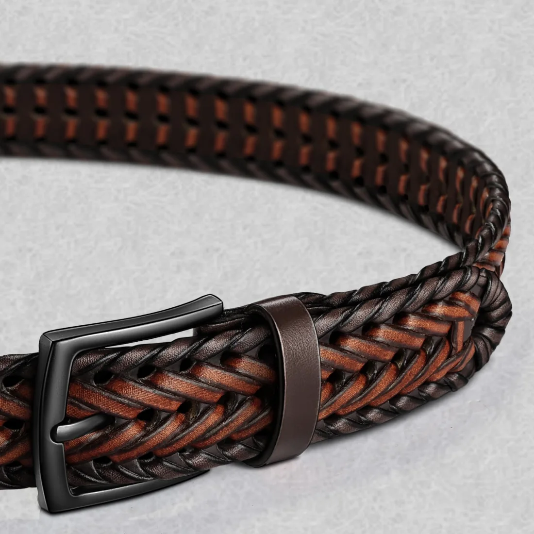 KEMISANT Woven Holeless Golf Belt in Deep Brown / Light Brown, view 2