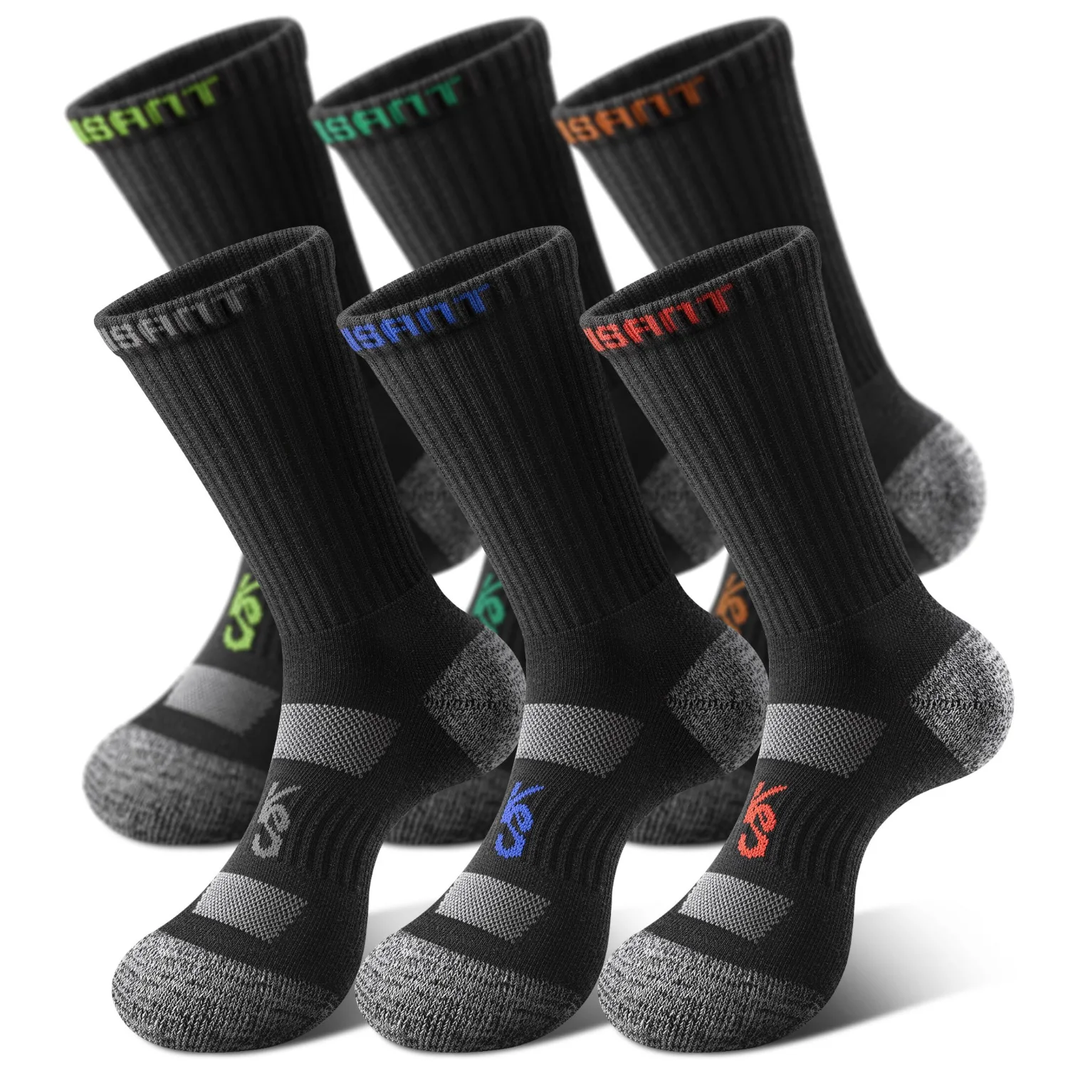 KEMISANT Athletic Compression Crew Socks in Black, 6-pack