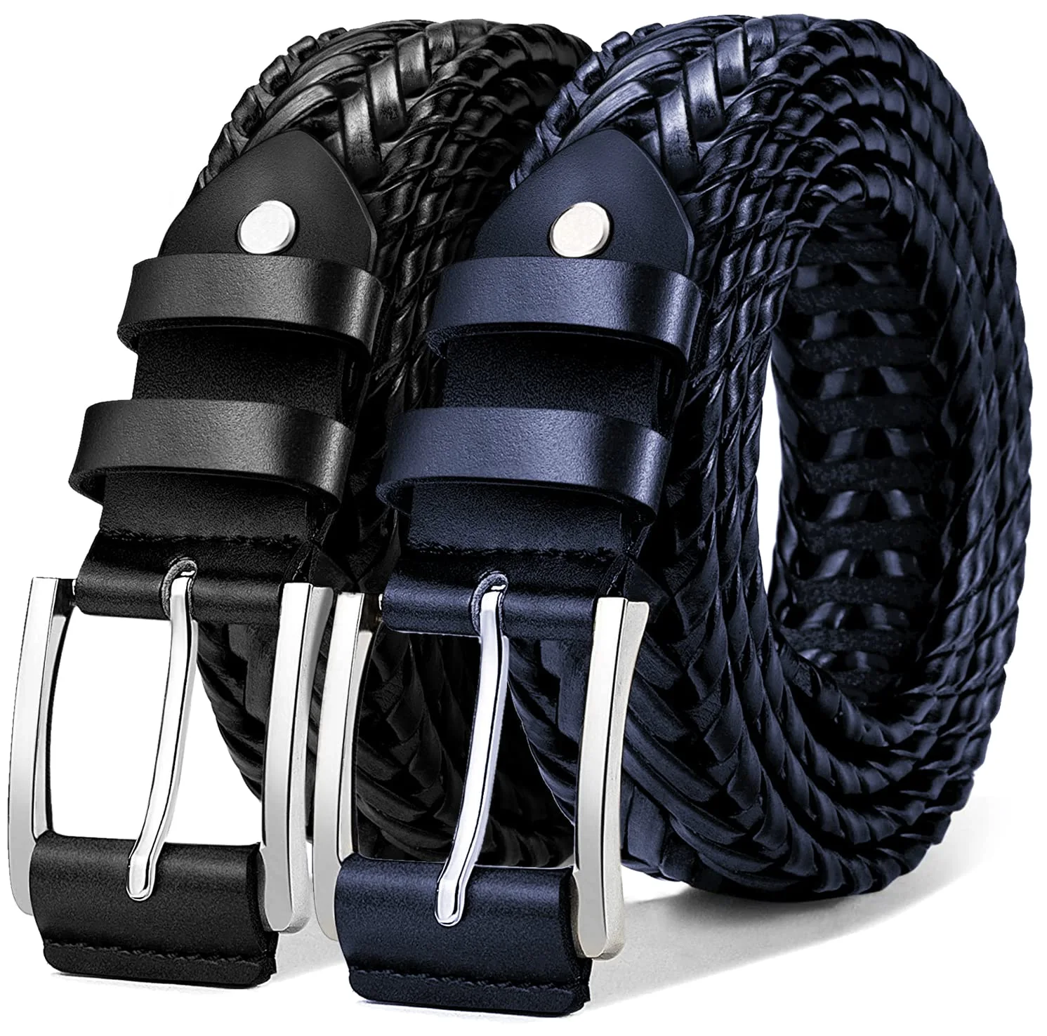 KEMISANT Braided Leather Belt 2-Pack in Black / Blue, 2-pack