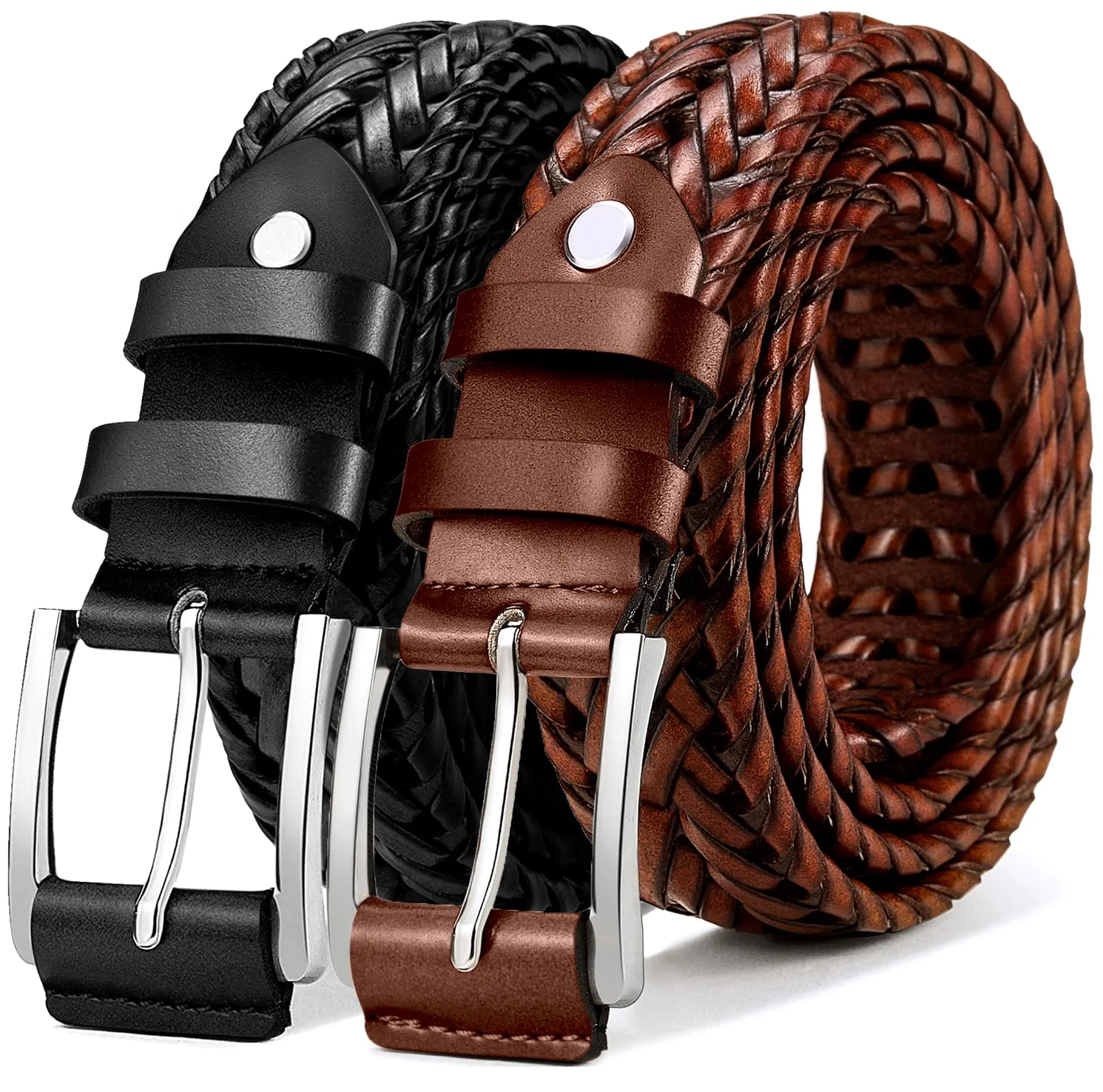 KEMISANT Braided Leather Belt 2-Pack in Black / Light Brown, 2-pack